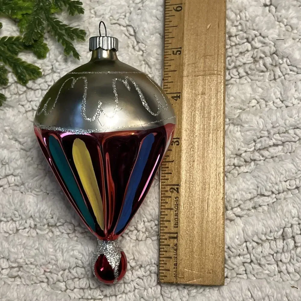 Vintage Blown Glass Glitter Fluted PARACHUTE DROP Christmas Ornament Red Silver